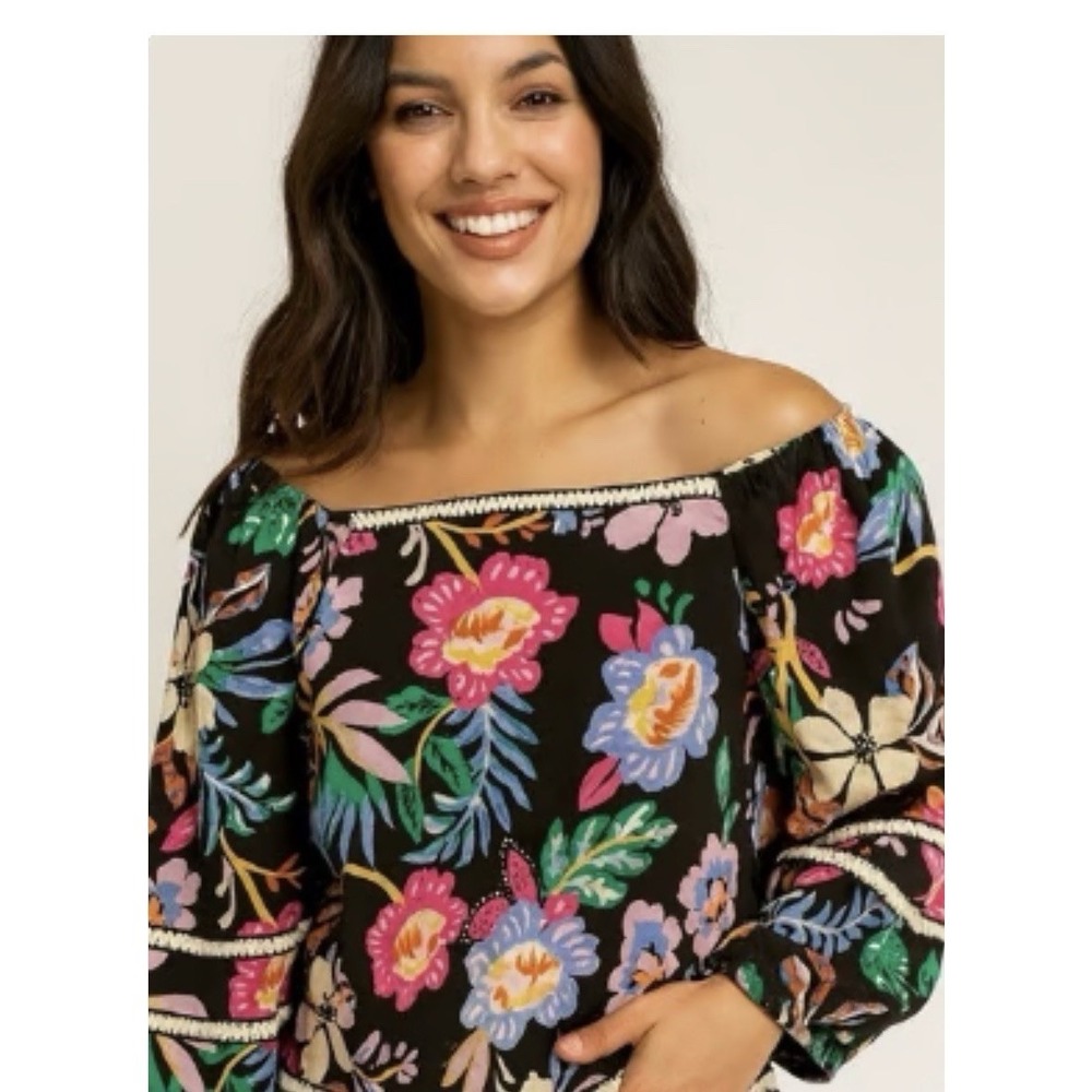 C &‎ C California Women's Large Black Floral 100% Linen Balloon Sleeve Crop Top